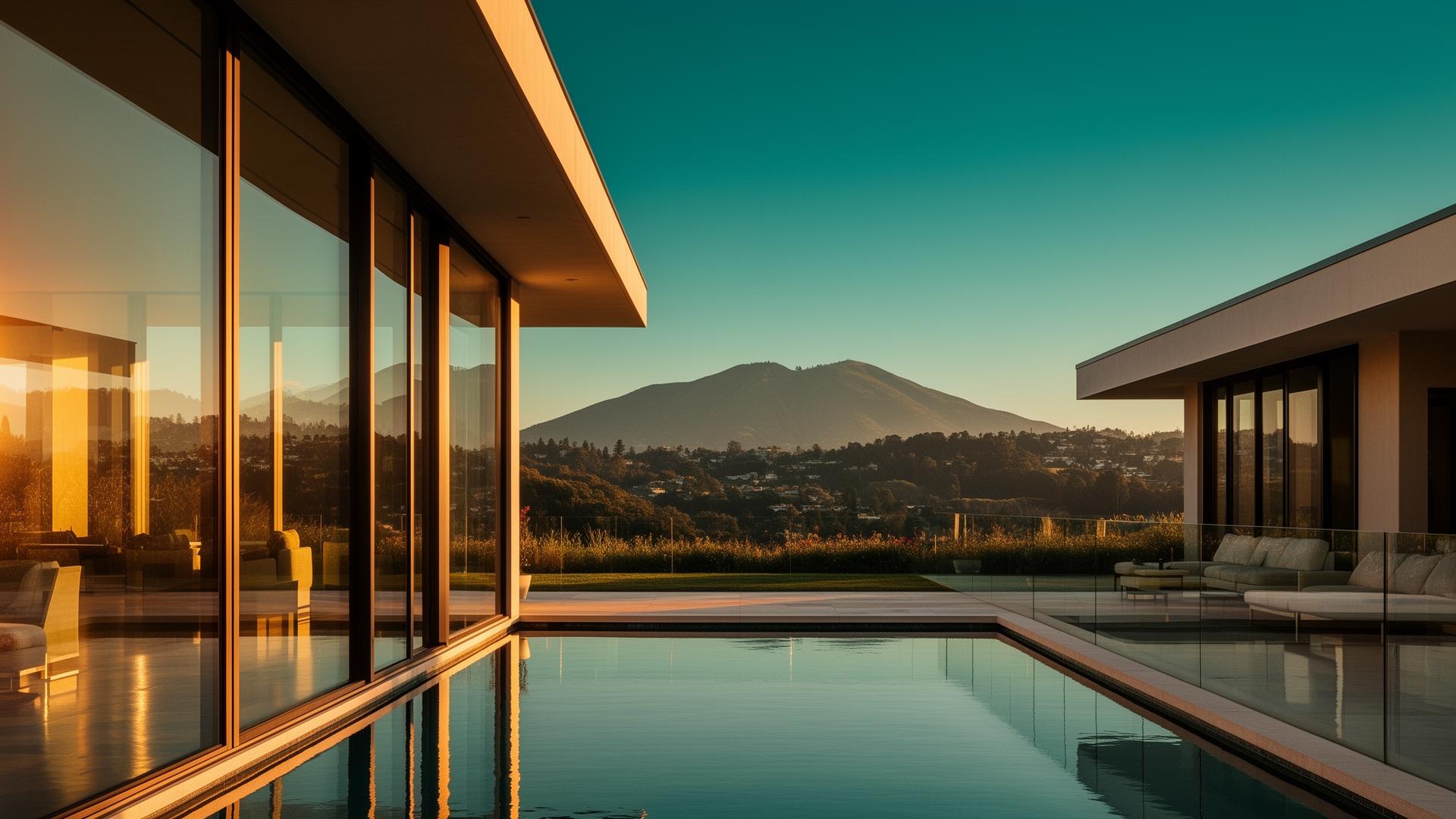 Modern Marin County home with floor-to-ceiling windows reflecting Mount Tamalpais